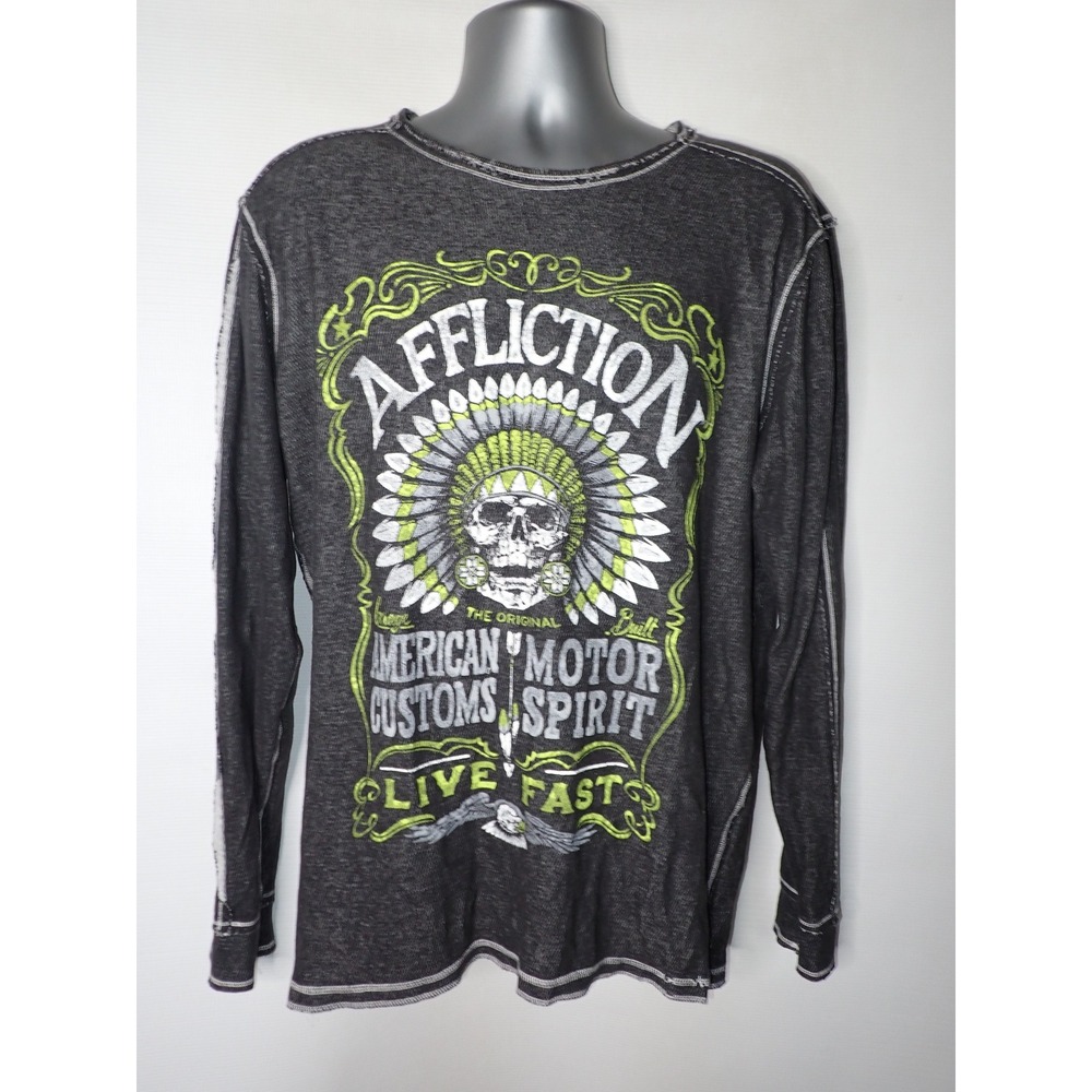 Affliction Men Thermal Graphic Shirt XL Reversible Grunge Y2K Vintage Gray